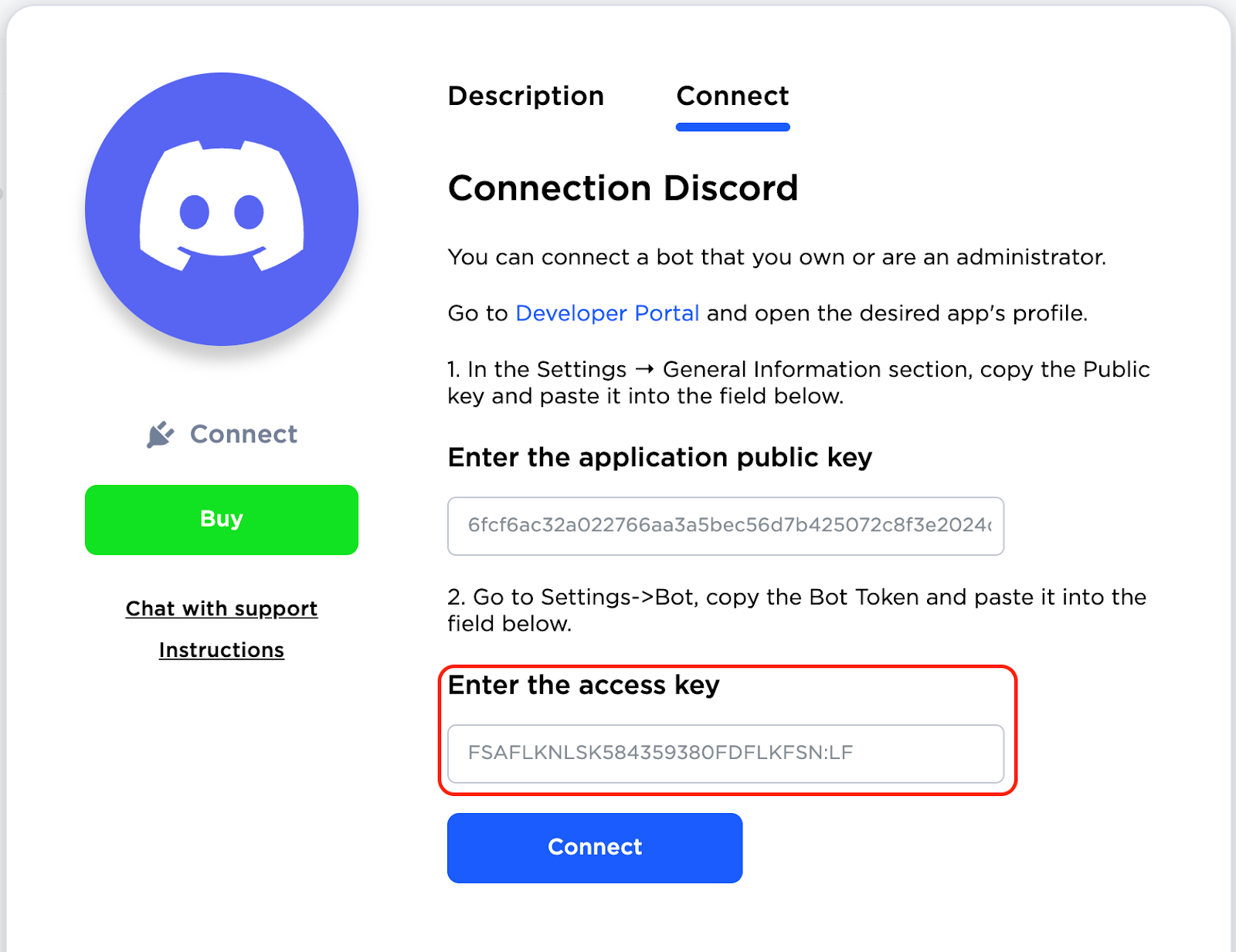 Connection of Discord - access key entering