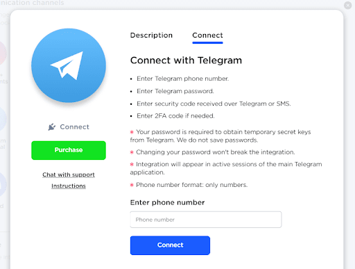 Telegram connection window