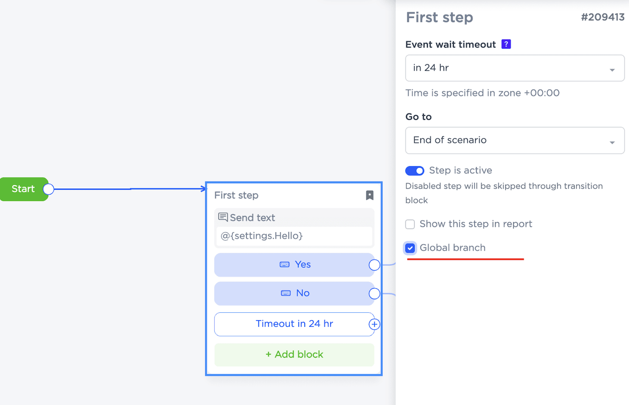 Área de configuración del paso inicial en el generador de chatbot