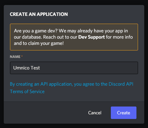 Setting up a name for a new application in Discord