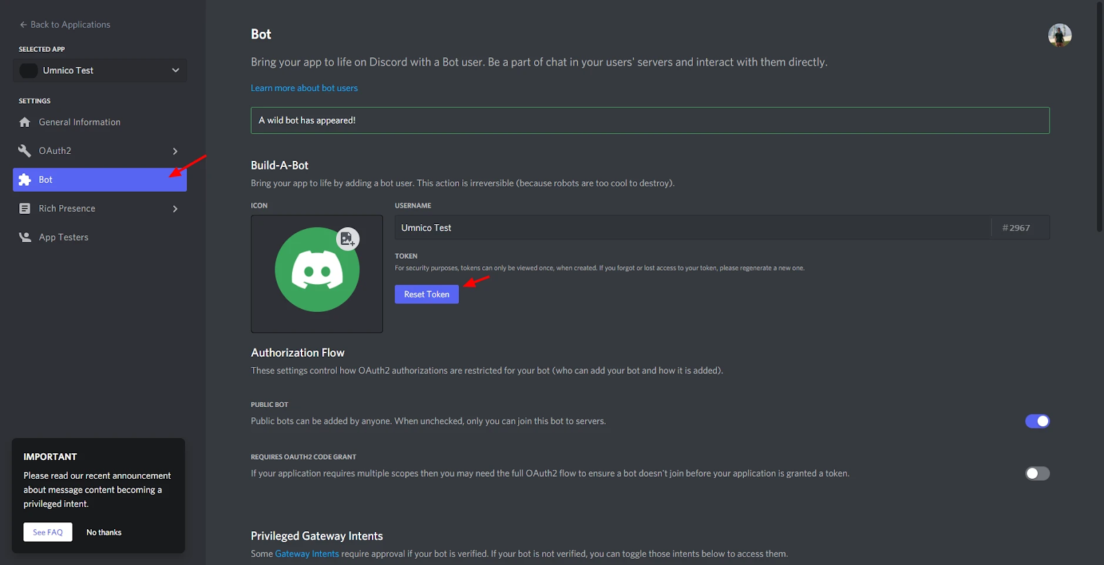 Resetting token settings in Discord