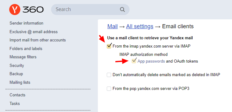 Yandex.Mail settings