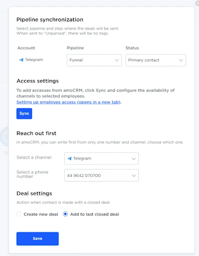 AmoCRM settings in Umnico