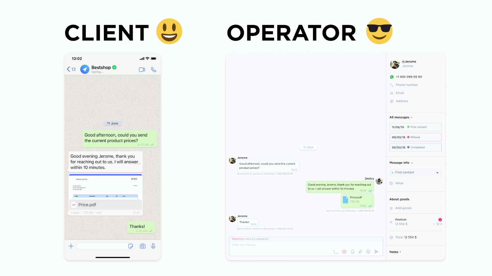 Chat from client and Umnico operator perspective