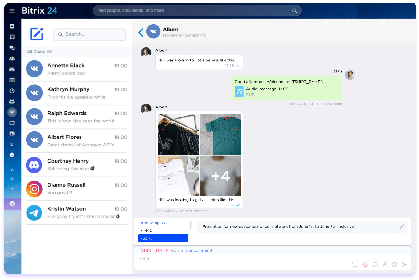 VK chats inside Bitrix24 CRM + message templates 